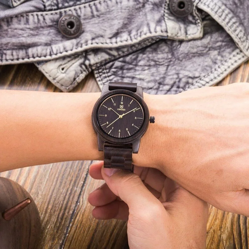 Men's Black Uwood Series 40 Mm Foldover Clasp Natural Handmade Wooden Watches